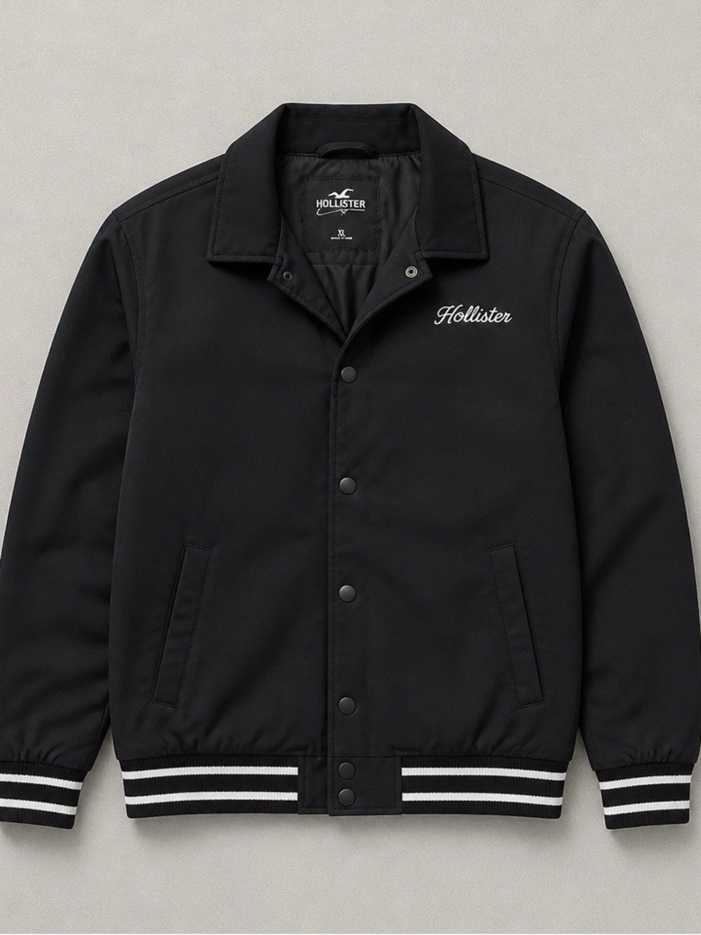 Hollister Black Snap Front Bomber Jacket Cotton Blend and Lined Men’s Size XL
